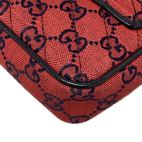 Auth GUCCI GG Marmont 661332 Red Dark Navy Jacquard Leather Shoulder Bag - Picture 3 of 15